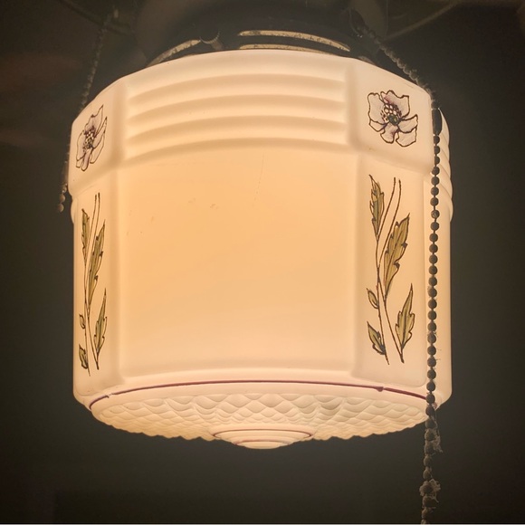 Antique 1920's Custard Glass Pendant Light w/Hand Painted flowers Light fixture - Picture 1 of 6